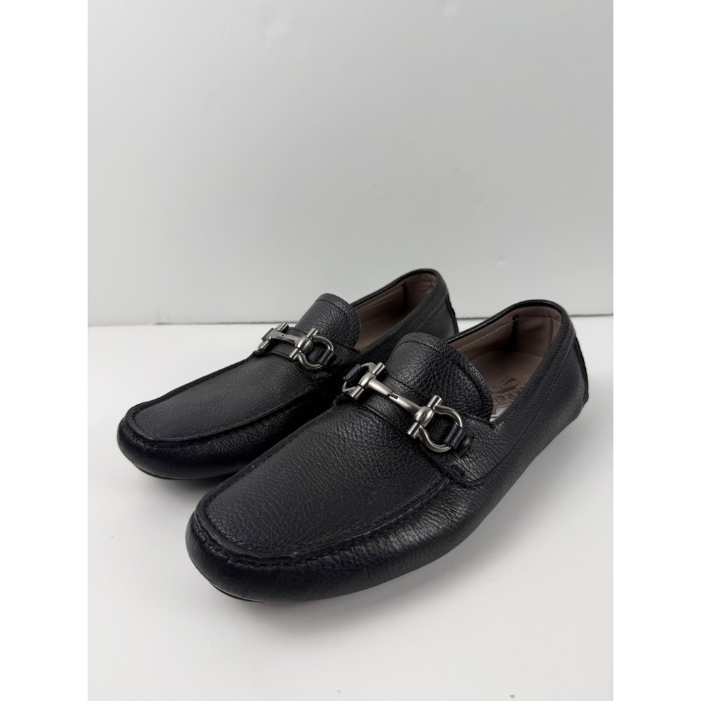 Salvatore Ferragamo Black Pebbled Leather Gancini Bit Driver Loafers Size 8.5 D